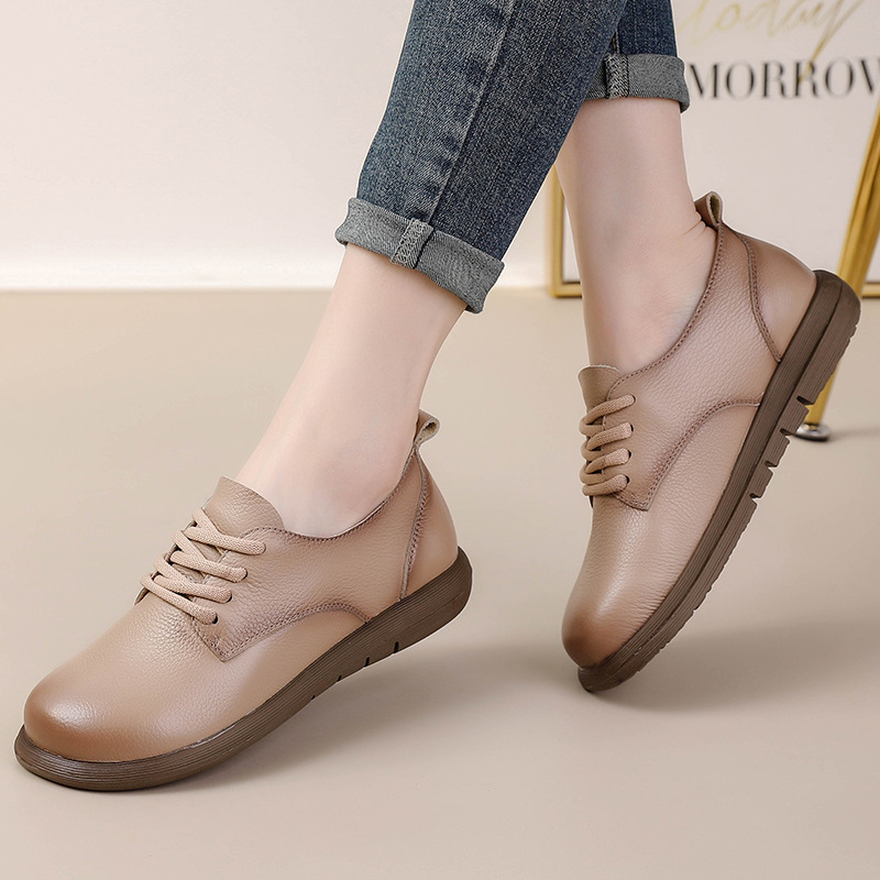 First-Layer Cowhide Retro British Style Round-Toe Large-Toe Shoes Thick-Soled Shoes Women's Lace-Up Genuine Leather Shoes Mother's Shoes