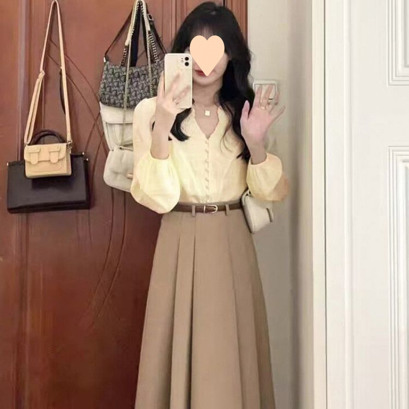 春秋温柔风气质领长袖衬衫+高腰中长半身字裙女显瘦休闲两件套|undefined