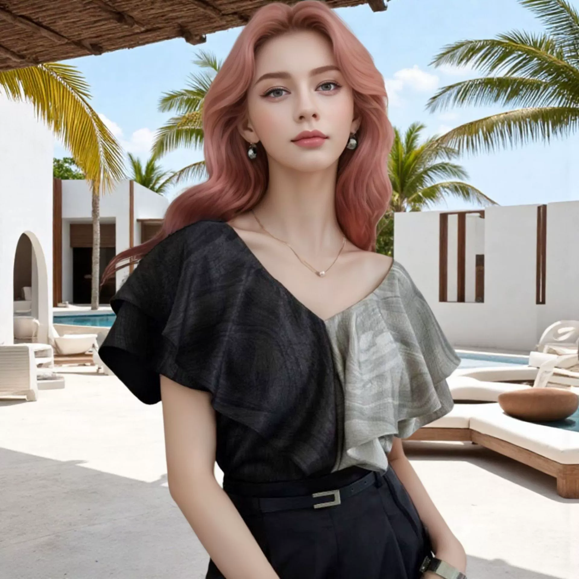 Cross-border 2025, новый элегантный стиль, цветная футболка с рюшами спереди и сзади, двойной v-образный вырез, короткие рукава, утягивающий силуэт и элегантный топ