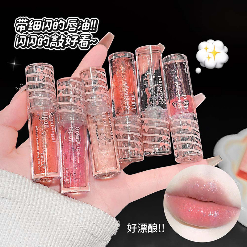 GreatAngel Ballet Ribbon Lip Oil con brillo fino, agua suave, maquillaje transfronterizo de labios de vidrio transparente