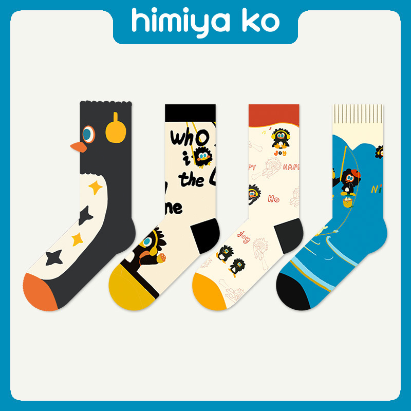 Summer Original Crazy Penguin Series Mid-Calf Socks for Women, Trendy Socks with Cute Letters, Wavy Edge Socks for Men to Absorb Sweat