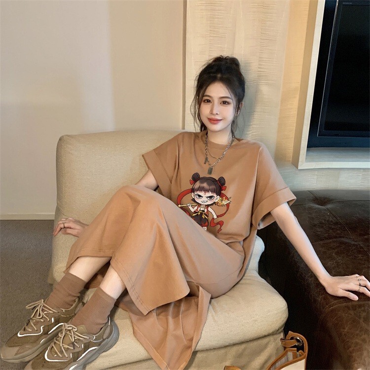 Korean Casual Fashion Trend for Girls, New Summer Short-Sleeved Dress for Women, Loose Casual Style, Slimming Maternity Wear Long Dress