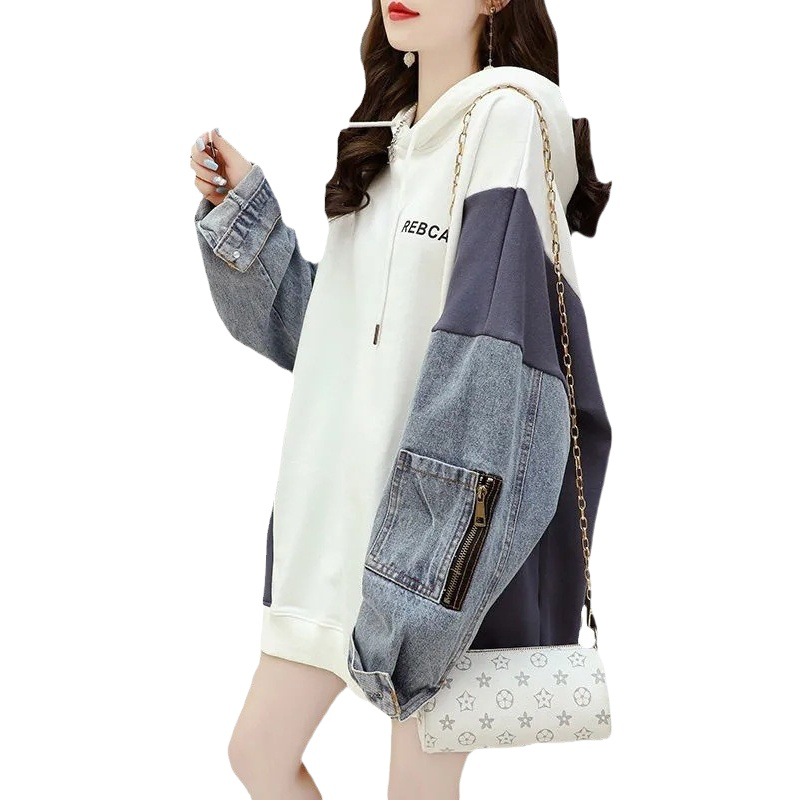 Denim Patchwork Hooded Sweatshirt, Faux Two-Piece, Mid-Length, Loose Fit, 2026 New Korean Style, Plus Size Pullover Hoodie