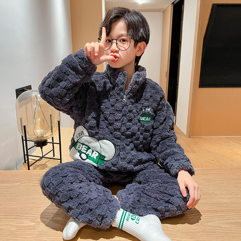 Autumn and Winter Flannel Lapel Coral Velvet Thickeneded Boys' Pajamas Fleece-Lined Buttons Kidsren's Home Clothes Cartoon Suit