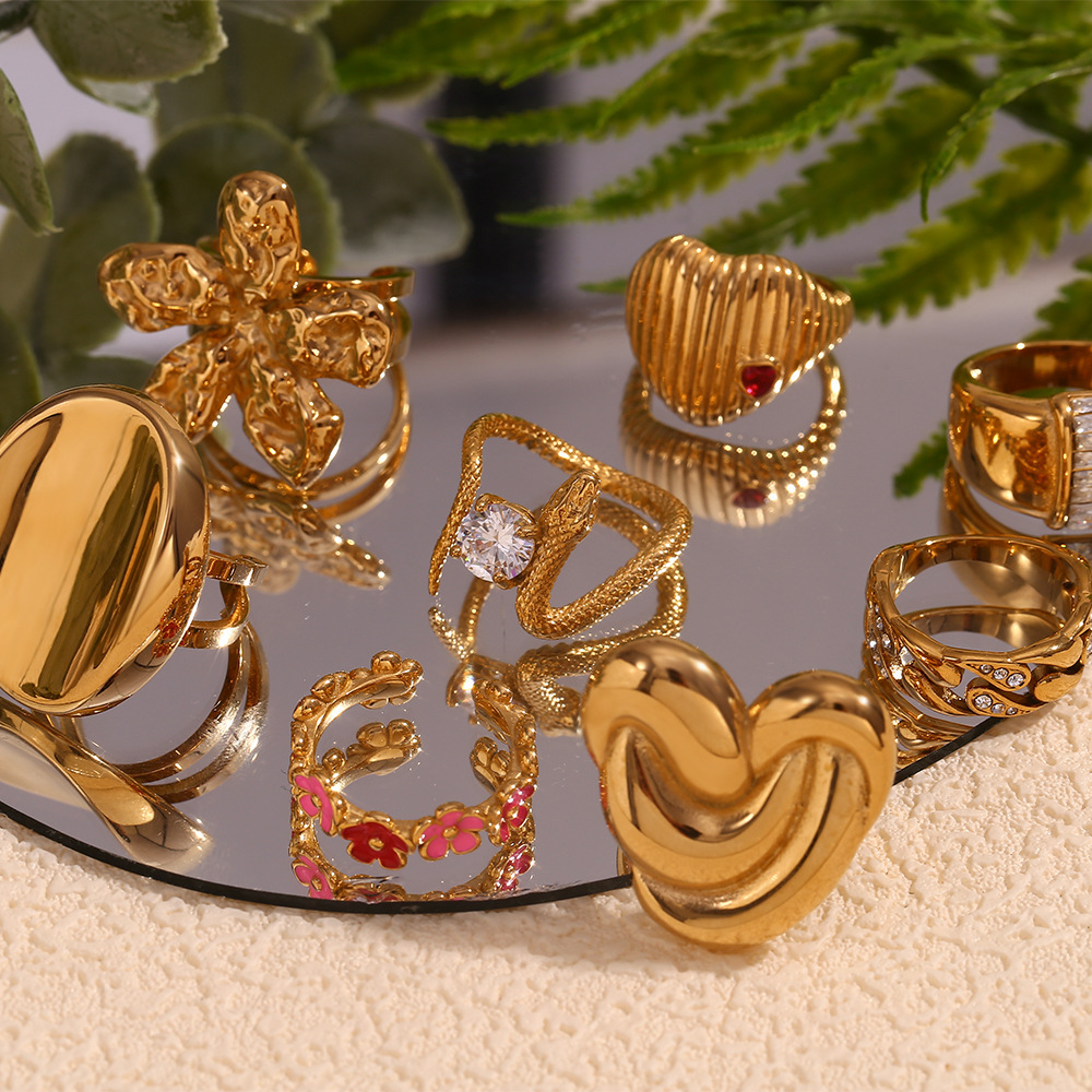 Open Rings, Rings Classification Wholesale Jewelry Vintage Style French Style Heart Shape Snake 304 Stainless Steel Enamel Plating Open Rings Rings