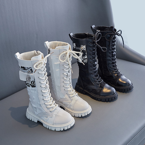 Trendy girls' boots autumn and winter single boots children's mid-high boots new Korean style canvas school bag British style