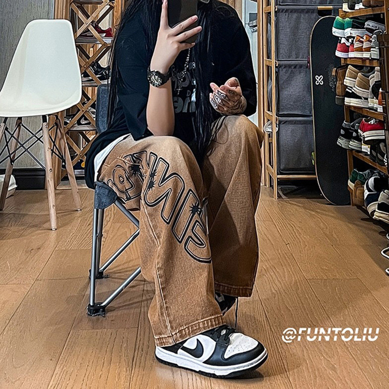 vibe Style Pants High Street Men's Spring and Autumn Retro Brown Jeans American-style oversize All-match Tide Overalls