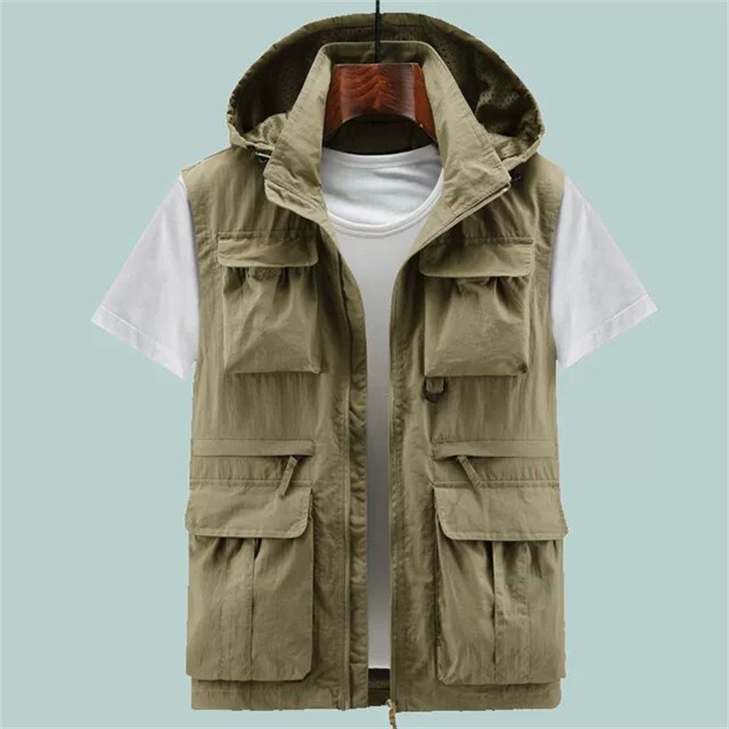 Spring and Summer Hooded Vest Men's Outdoor Multi-Pocket Photographer Fishing Quick-Drying Vest Loose Large Size Vest Trendy
