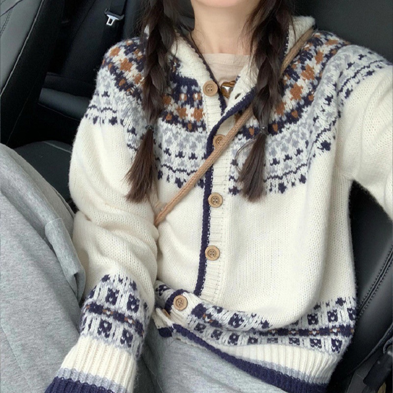 甘いスタイルフェアアイルジャカードフード付きセーターカーディガン女性のための 25 秋と冬のレトロなソフトワックス状セータージャケットトップ|undefined