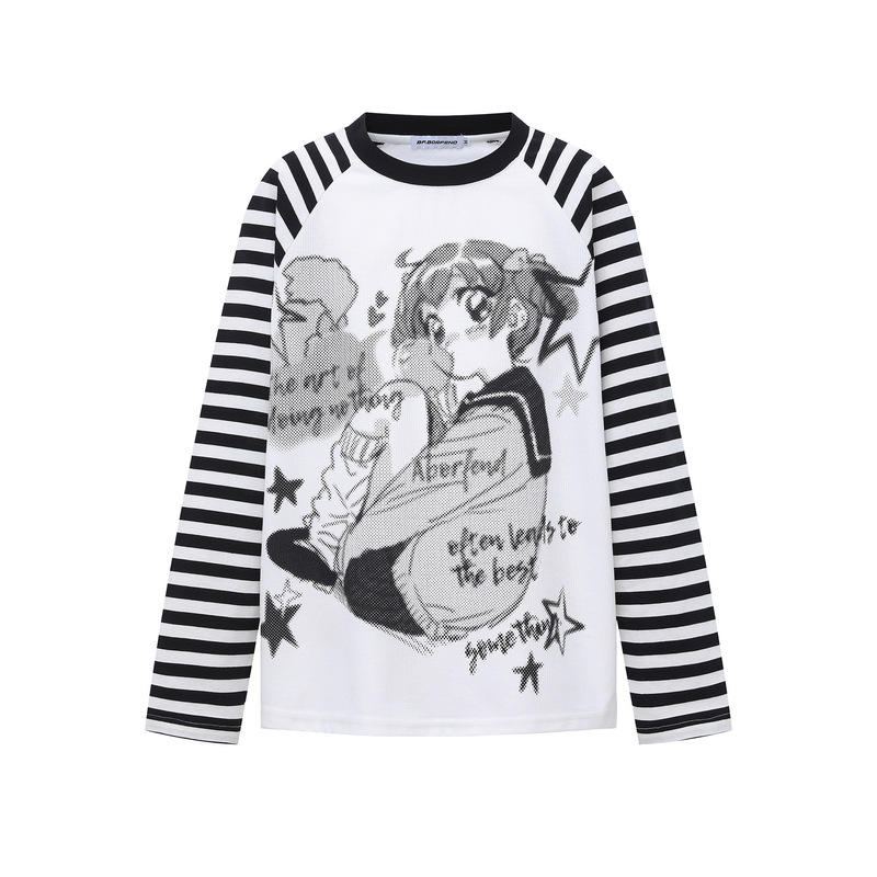 Bf.Borfend/Baifeng Subculture Girl Stripesd Raglan Long-Sleeved T-Shirt for Men and Women Early Autumn Loose and Slim Niche