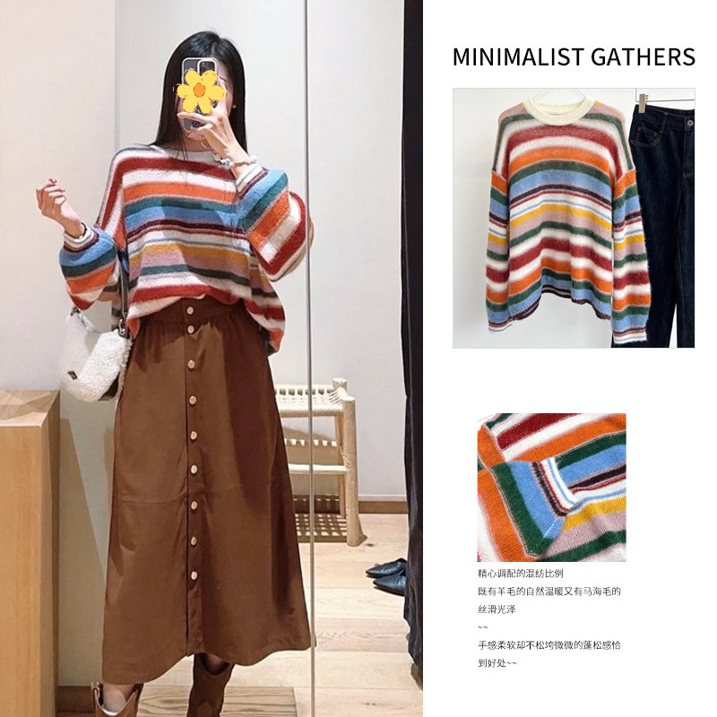 Sheep Wool and Mohair Blend Dopamine Color-Blocked Striped Knit Pullover, Winter 2025 Model