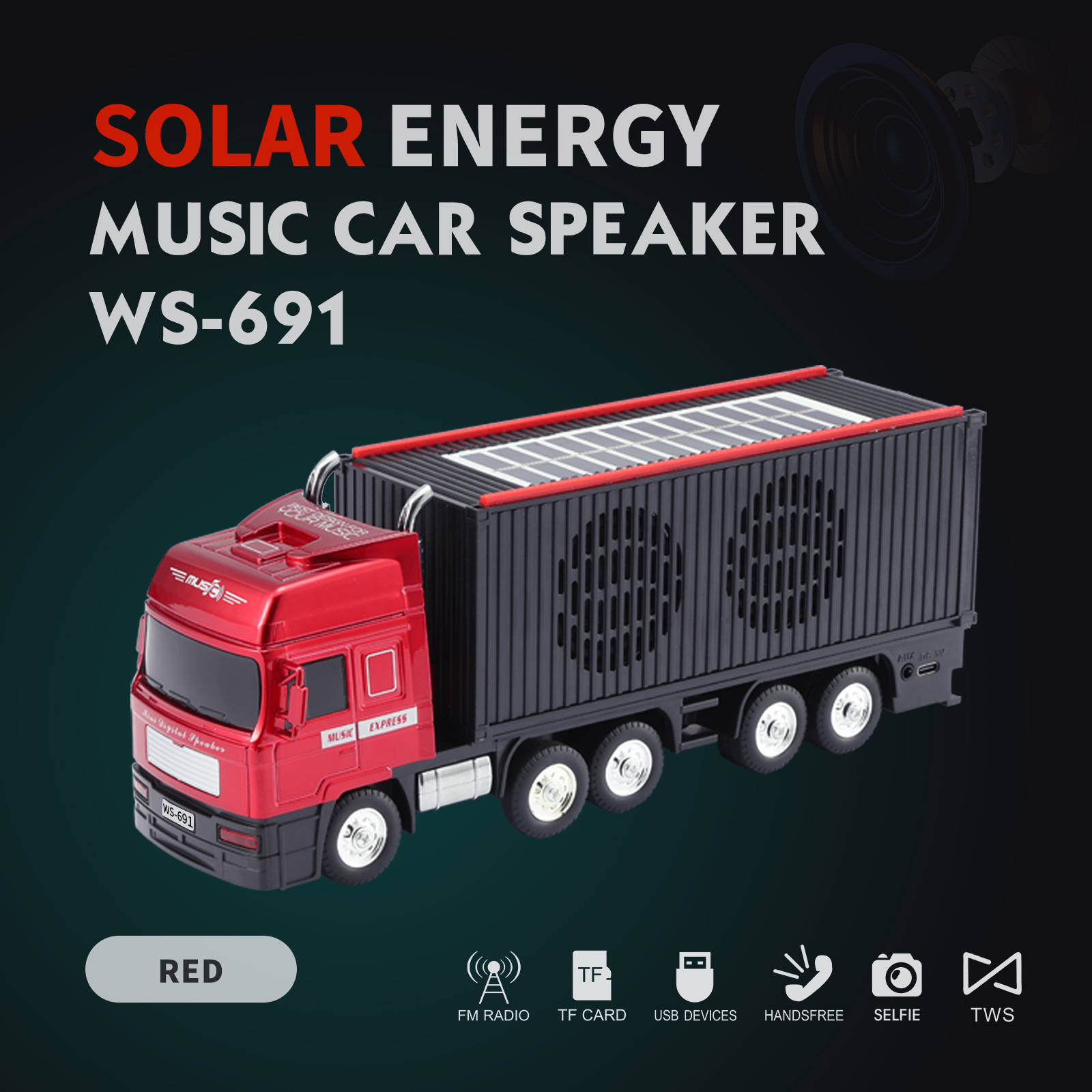 alta calidad de sonido al aire libre carga solar bluetooth sonido modelo de camión de contenedor subwoofer FM radio TF tarjeta de inserción