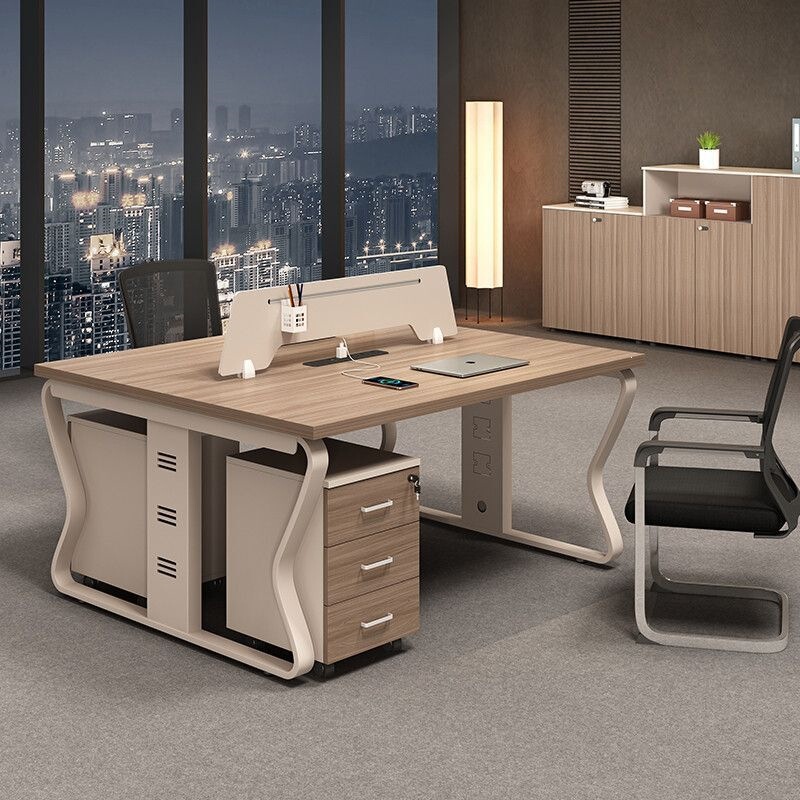 Simple and modern office desk and chair set, including a partition, for employee workstations; office desk in natural wood color