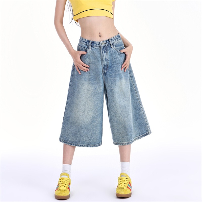 Cross-border high-street wide-leg cropped jeans for women, 2026 summer new collection, blue high-waisted, slimming, for petite figures Cross-border high-street wide-leg cropped jeans for women, 2026 summer new collection, blue high-waisted, slimming, for petite figures