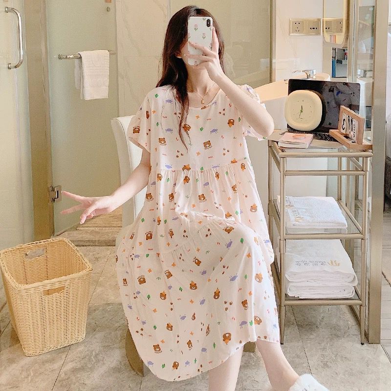 夏の女性の綿シルクナイトガウン、ゆったりとした薄いドレス、プラスサイズの半袖花柄マタニティホーム服|undefined