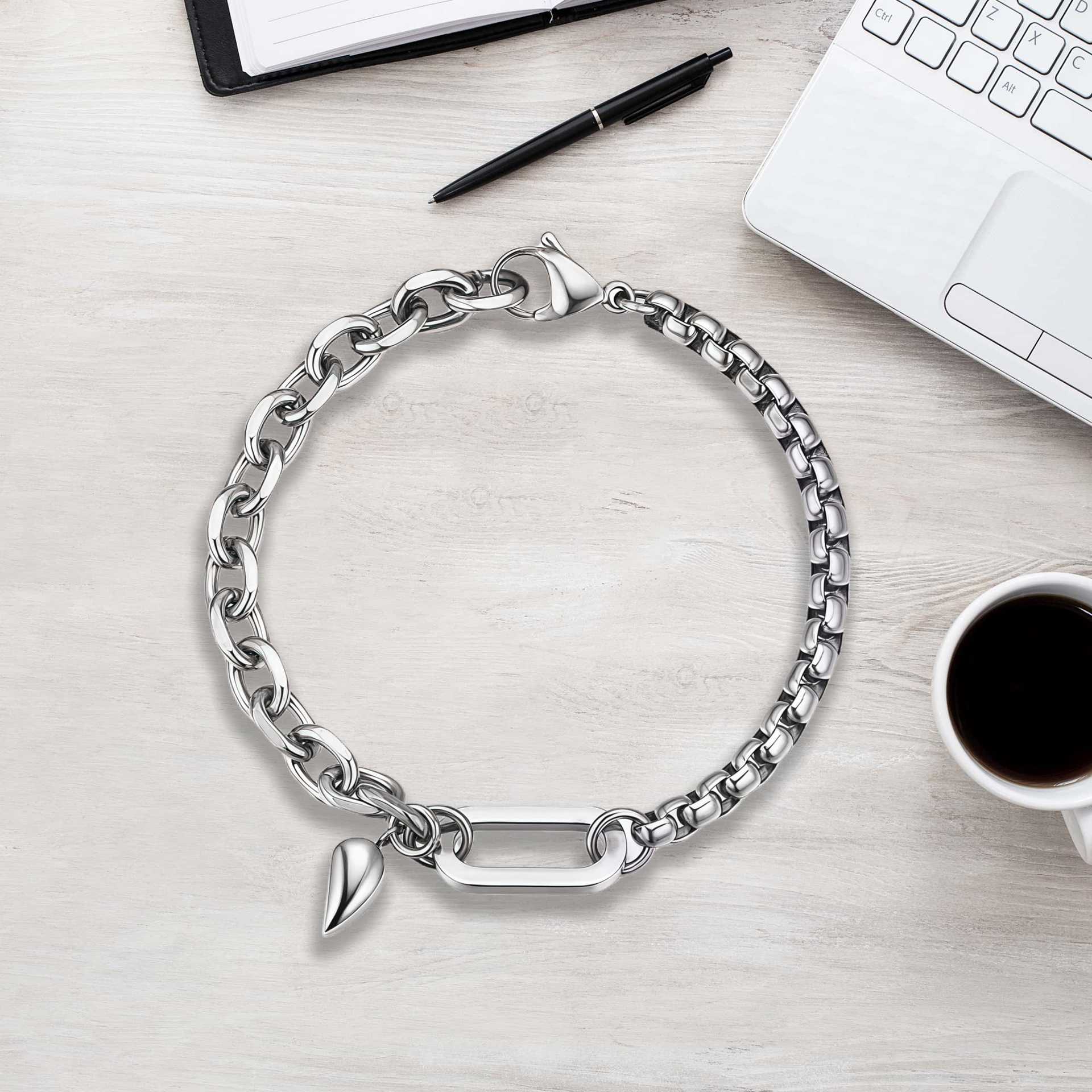 남성용 [시간] 팔찌 [티타늄 스틸 체인 펜던트 + 티타늄 스틸 하트 자석 잠금장치] 약 20cm