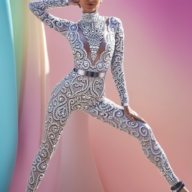 European and American Cross-Border New Style Pearl-Embellished Long-Sleeved Tight-Fitting Jumpsuit Stage Performance Outfit Sexy Hot Girl Style Slim Fit