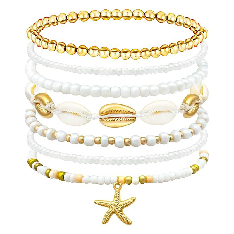 Cross-border Hot Summer Holiday Beach Shell Bracelet Rice Bead Gold Starfish Pearl Bohemian suit Jewelry