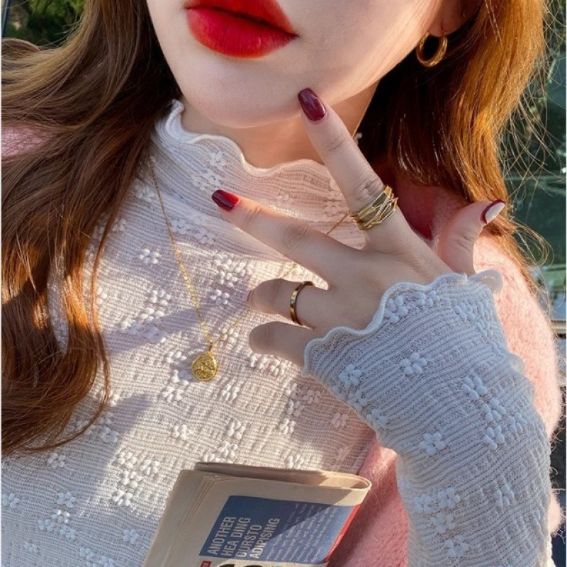 蕾丝打底衫女半高领2025新款春秋薄款内搭长袖早秋上衣木耳边小衫|undefined