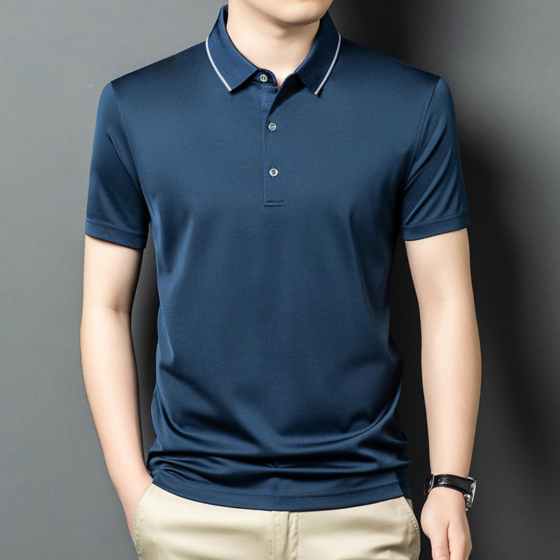 Áo polo nam tay ngắn lụa tơ tằm 100% dáng rộng phong cách công sở — Kẹp màu xanh 25013