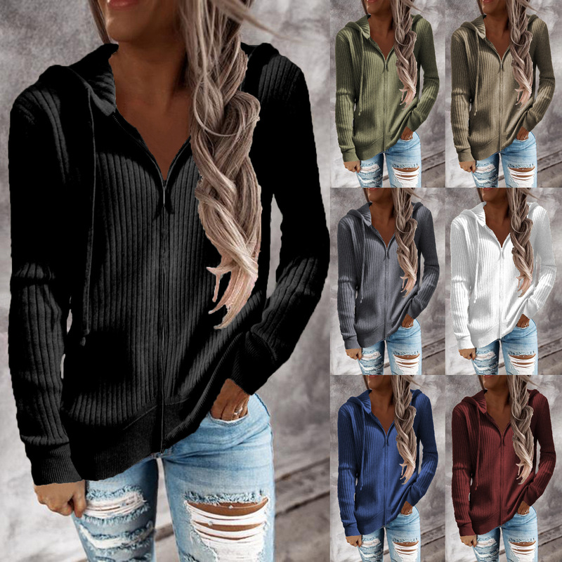 European and American Cross-Border Autumn and Winter New Stripesd Casual Sweatshirt Loose Knitted Knitwear Zipper Cardigan Long-Sleeved Hooded Knitwear for Women European and American Cross-Border Autumn and Winter New Stripesd Casual Sweatshirt Loose Knitted Knitwear Zipper Cardigan Long-Sleeved Hooded Knitwear for Women