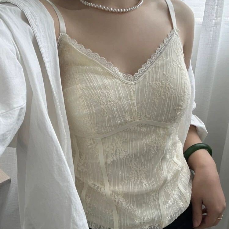 French-Style Sexy Lace Beautiful Back Camisole for Women with Built-In Bra Pads, White Sleeveless Base Top for Women to Wear Outside