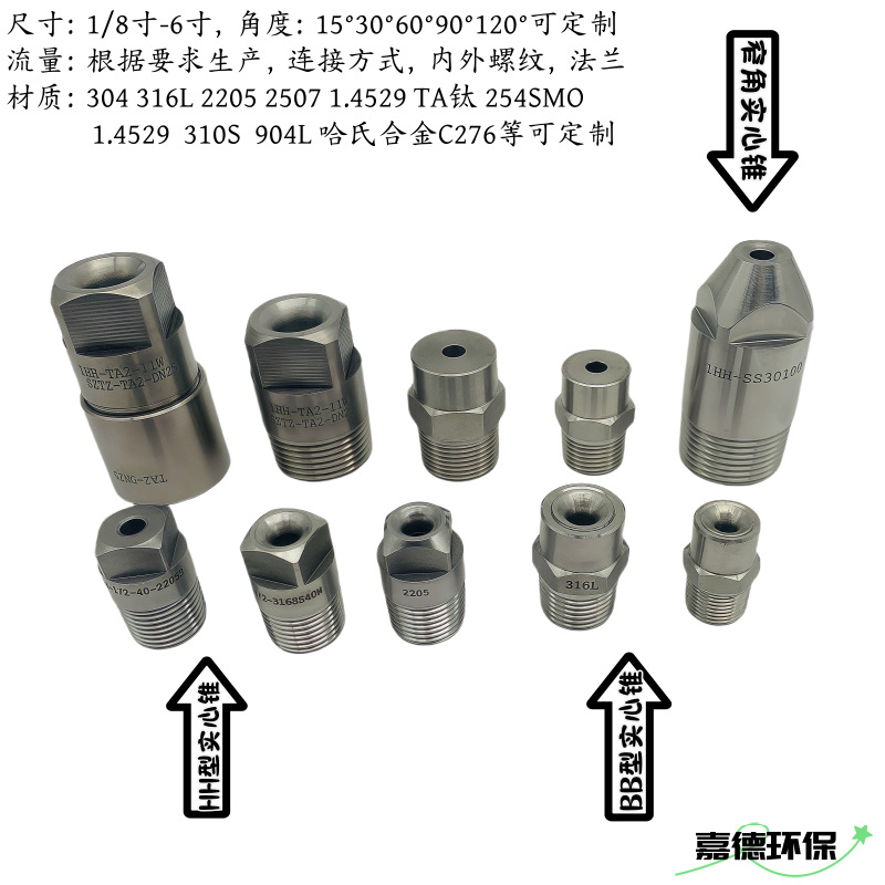 不锈钢冲洗实心锥喷嘴降温消防喷淋洗涤喷头316L2205TA钛904LC276
