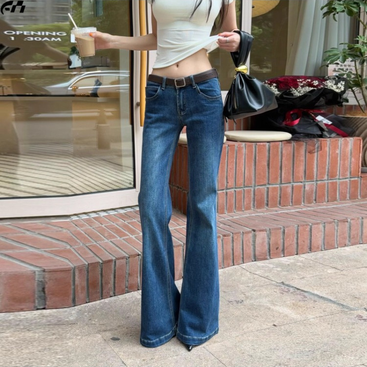 2025 Spring and Autumn American Retro Dark Blue Low Waist Micro-Flared Jeans Women's Leg-Free Stretch Hot Girl Straight-Leg Flared Pants
