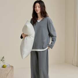 春秋新款纯棉女长袖长裤套头睡衣假两件时尚休闲女家居服图片色