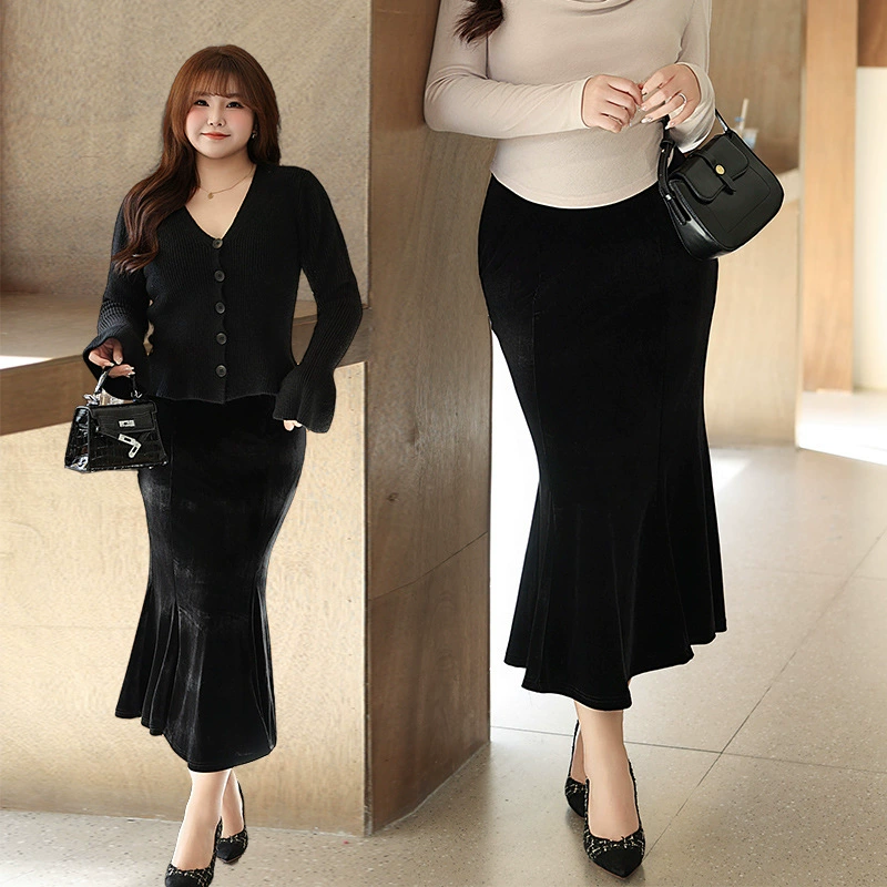 Бархатная юбка-годе средней длины с высокой талией, обернутая бедра, увлажняющая 8791 больших размеров, осенне-зимняя французская юбка-годе