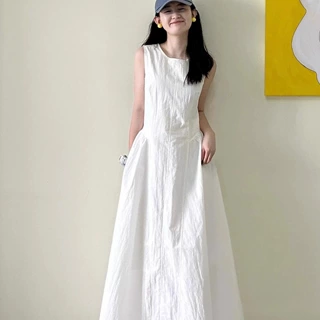 无袖背心白色连衣裙女夏新款高级感显瘦巨好看海边度假绝美长裙子