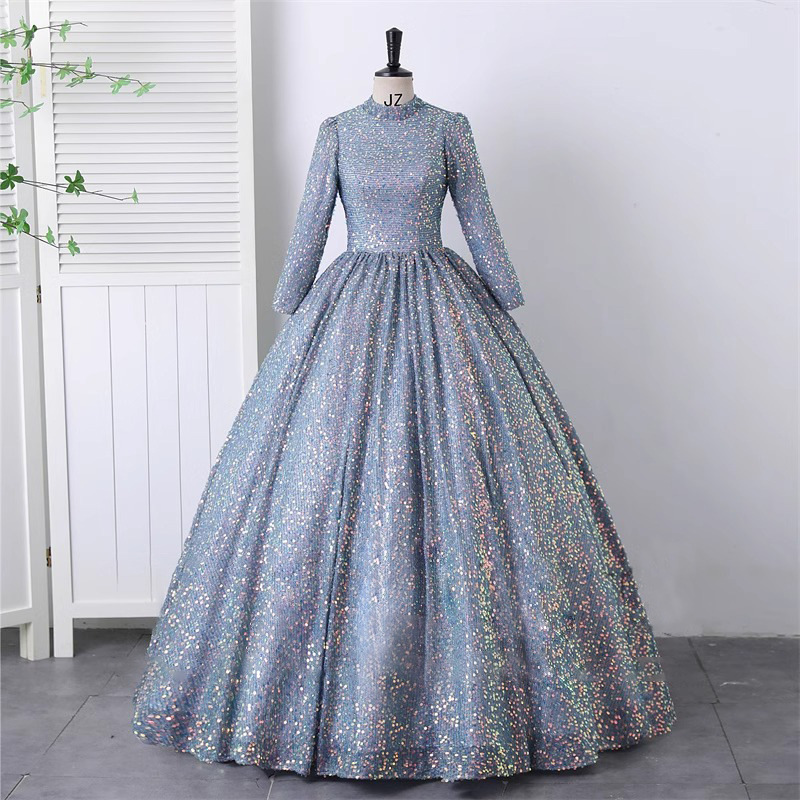 Vestido de noche de cuello alto con lentejuelas de las mujeres de lujo de alto grado etapa traje en solitario Examen de arte vocal Reunión Anual pettiskirt