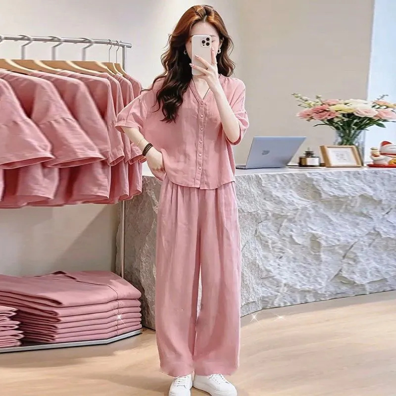 Cloud Cotton Women's Cardigan with Three-Quarter Sleeves, Wide-Leg Pants with Built-In Chest Pads, Thin Casual V-Neck Loungewear Cloud Cotton Women's Cardigan with Three-Quarter Sleeves, Wide-Leg Pants with Built-In Chest Pads, Thin Casual V-Neck Loungewear