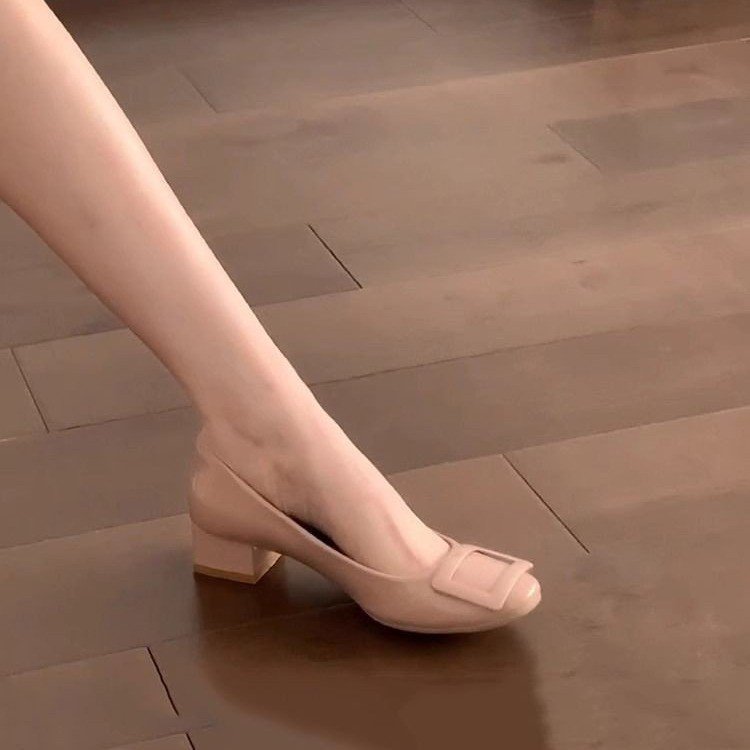 Soft Leather Version~Nude Pink Single Shoes for Women 2026 New Spring Classic Square Buckle Patent Leather Versatile Thick Heel Commuter Women's Shoes