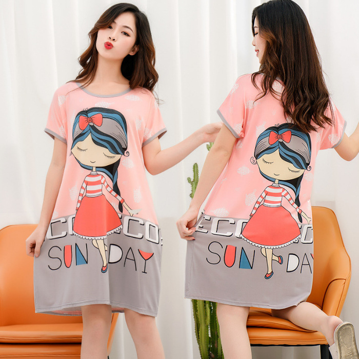 Camisón de las mujeres del verano Delgado manga corta nueva línea rojo estilo pijamas dibujos animados lindo señoras vestido flojo desgaste hogar