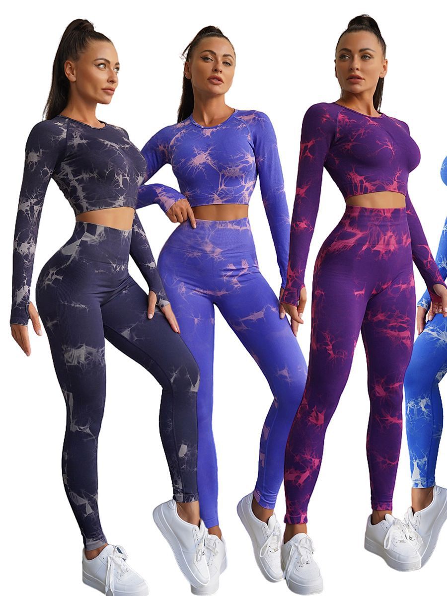 Trajes deportivos tie-dye europeos y americanos cuidadosamente seleccionados para mujer, pantalones deportivos ajustados de cintura alta que levantan los glúteos, ropa de yoga transpirable para fitness al aire libre