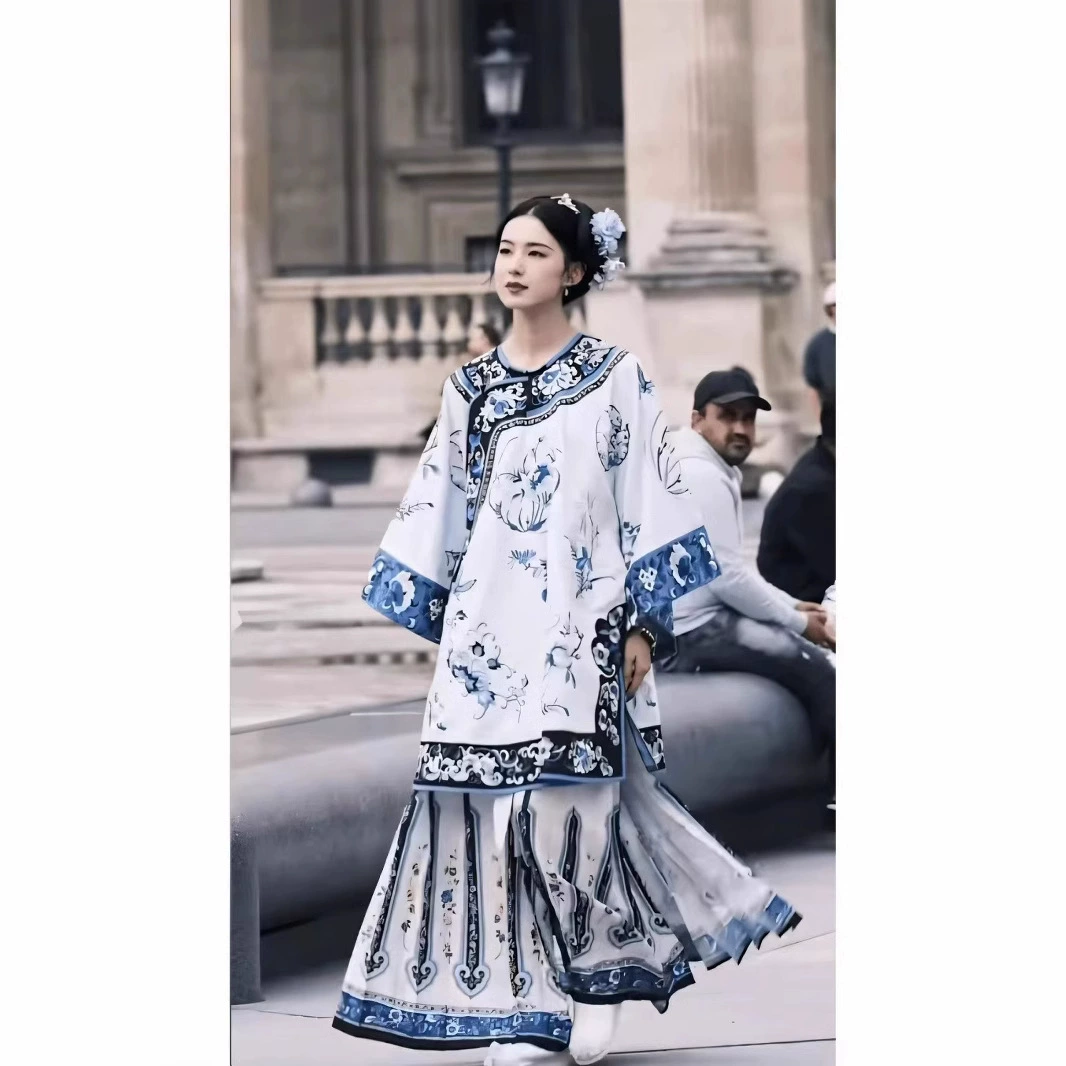 Весенняя новая женская одежда Цин-Хань с вечерним принтом сине-белой фарфоровой конской юбкой костюм ретро улучшенный национальный стиль
