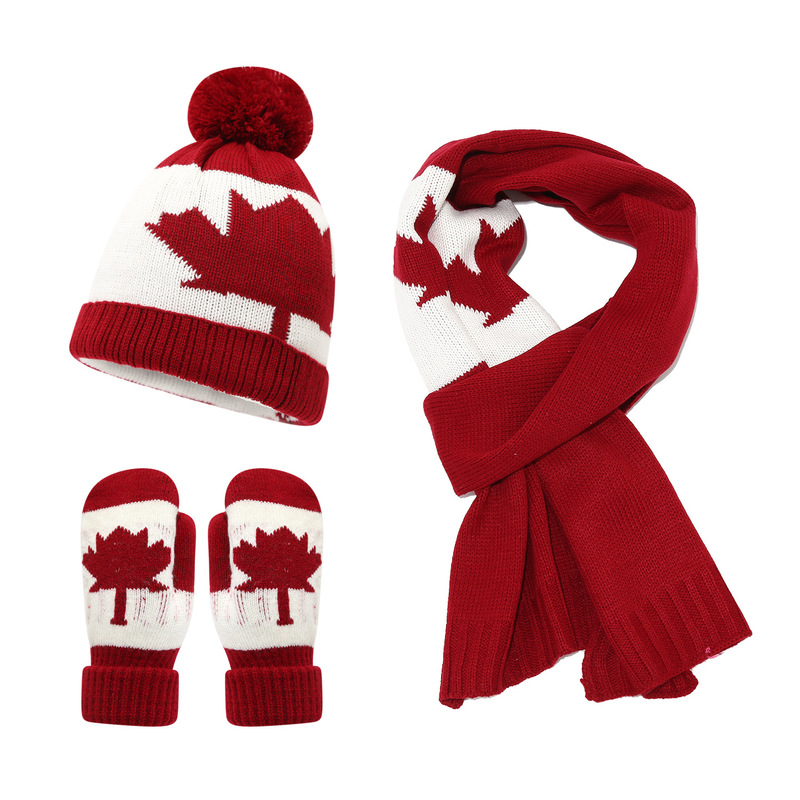 Maple Leaf Pattern Canadian Flag Knitted Hat Scarf Gloves Three-Piece Set for Men and Women Casual Versatile Warm Suit Trendy