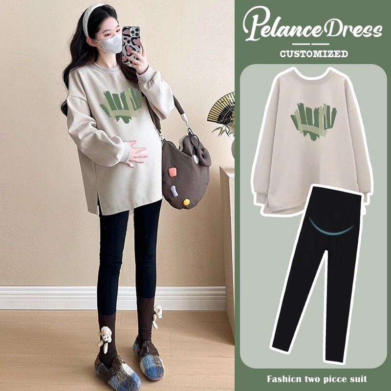 2025 New Fashionable Spring Tops for Pregnant Women, Two-Piece Suits That Do Not Show Pregnancy, Autumn and Winter Velvet Thickeneded Sweatshirts