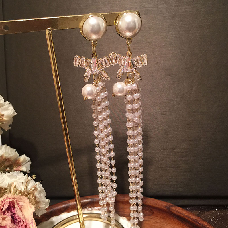 Fashion Pearl Bowknot Long Tassel Earrings display picture 4