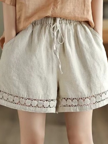 Summer thin linen shorts for women, retro lace frill elastic waist casual pants, loose versatile wide-leg cotton linen pants 