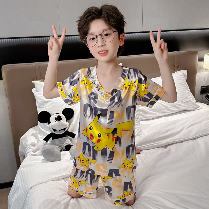 Pijamas de niños verano seda hielo pantalones cortos de mangas cortas set delgado niños grandes ropa de dibujos animados para el hogar