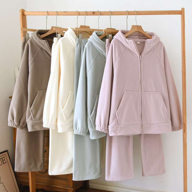 Polar Fleece Couple Pajamas Autumn and Winter Thickeneded Warm Hooded Zipper Loose Men's Home Clothes Suit Can Be Worn Outside Spring