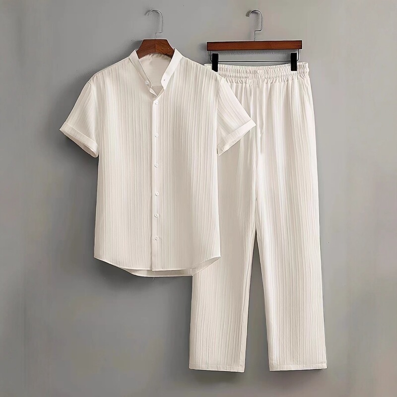 European and American Cross-Border Aliexpress Foreign Trade Fashion Men's Casual Multi-Color Beachwear Bamboo Wrinkle Short-Sleeve Two-Piece Set