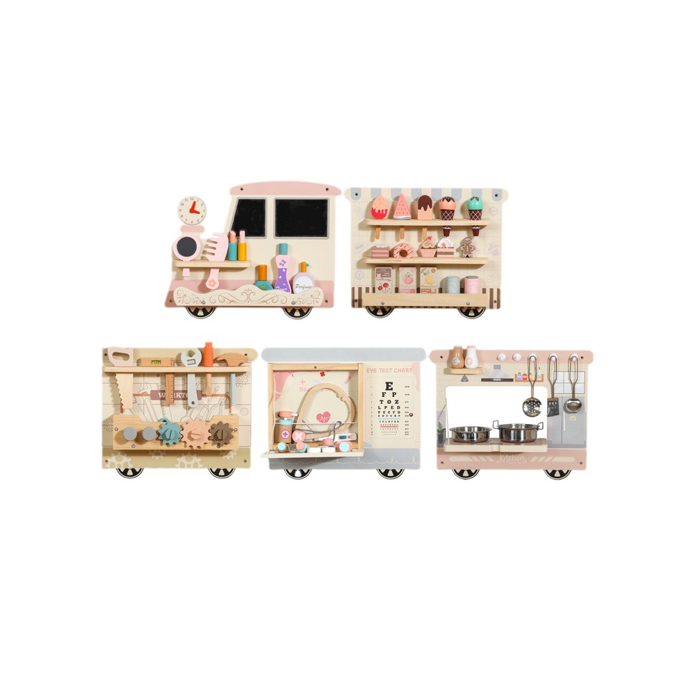 Nuevos productos transfronterizos, juguetes de madera para niños, jardín de infantes, educación temprana Montessori, parque de atracciones de pared de tablero ocupado multifuncional