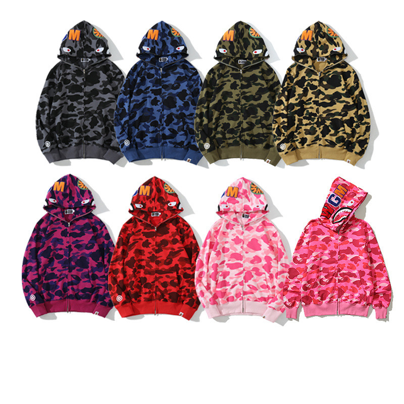 Wholesale Cross-Border Export Supply Bape Trendy Brand Shark Camouflage Men's and Women's Loose Cardigan Terry Hooded Sweatshirt Jacket