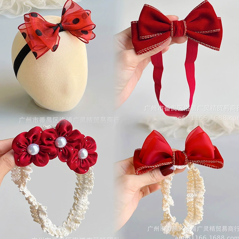 Детский праздничный головной убор Красный трехмерный бант для волос Новогодний цветок на голову ребенка Маленький месяц Удобная повязка на голову