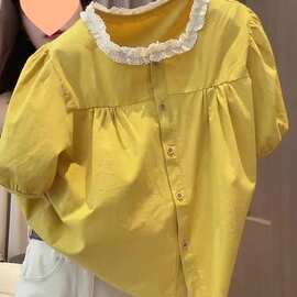 法式时尚温柔甜美风黄色上衣女2025夏季木耳边拼接设计泡泡袖衬衣