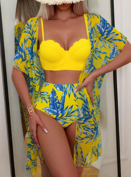 2025 Amazon Cross-border New Maple Leaf Printed High Waist Mesh Coat Triangle Slim Bikini Foreign Trade Swimsuit