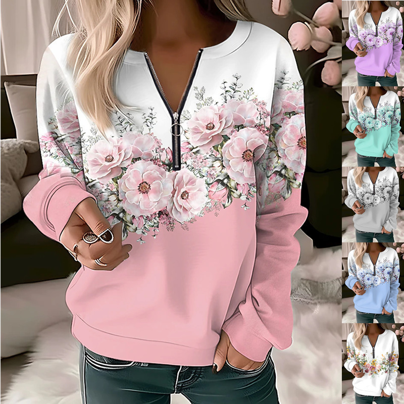 Foreign Trade Europe and the United States Cross-border New Women's Clothing Amazon Explosive Printed V-neck Long Sleeve Pullover Loose Sweatshirt